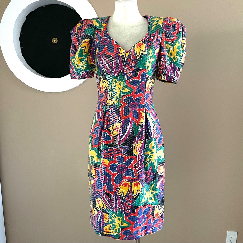 Stunning VTG 80s Morton Myles Sequin Floral Dress | Size 6 | Retro Party Dream
